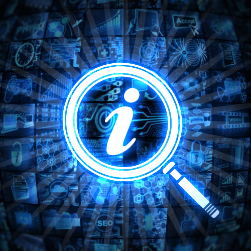 Glowing blue information icon with magnifying glass