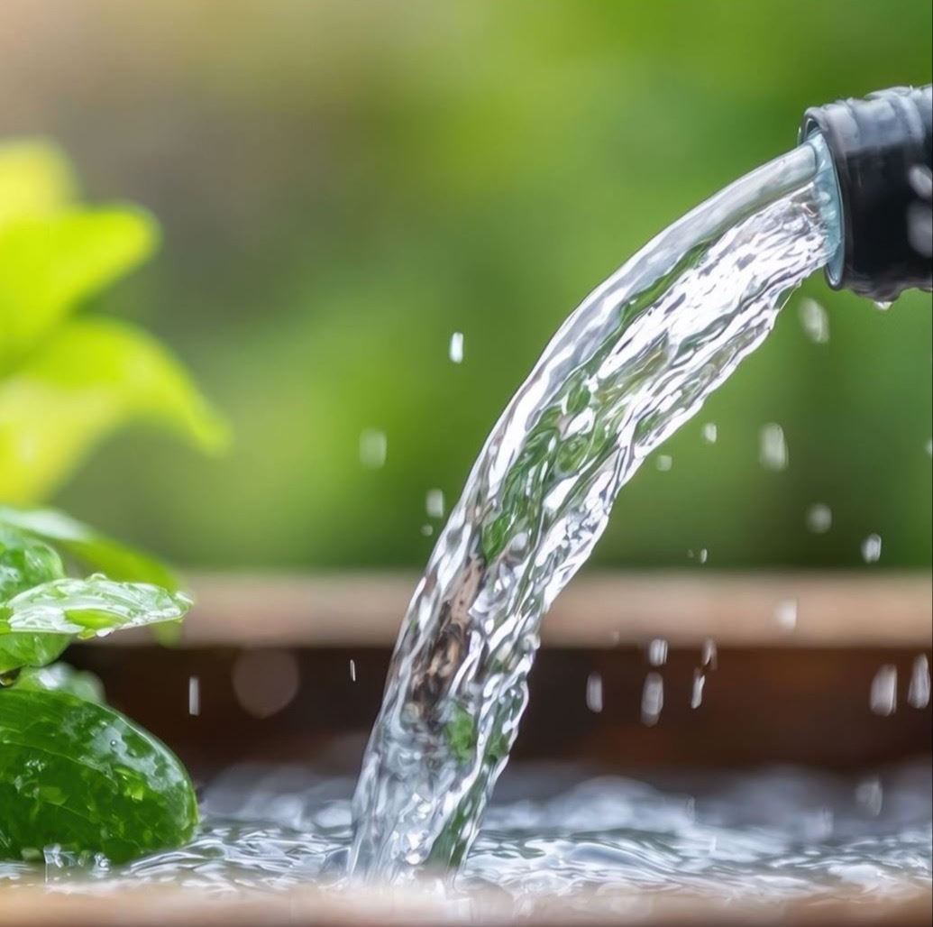 Water pipe flowing into a flower bed