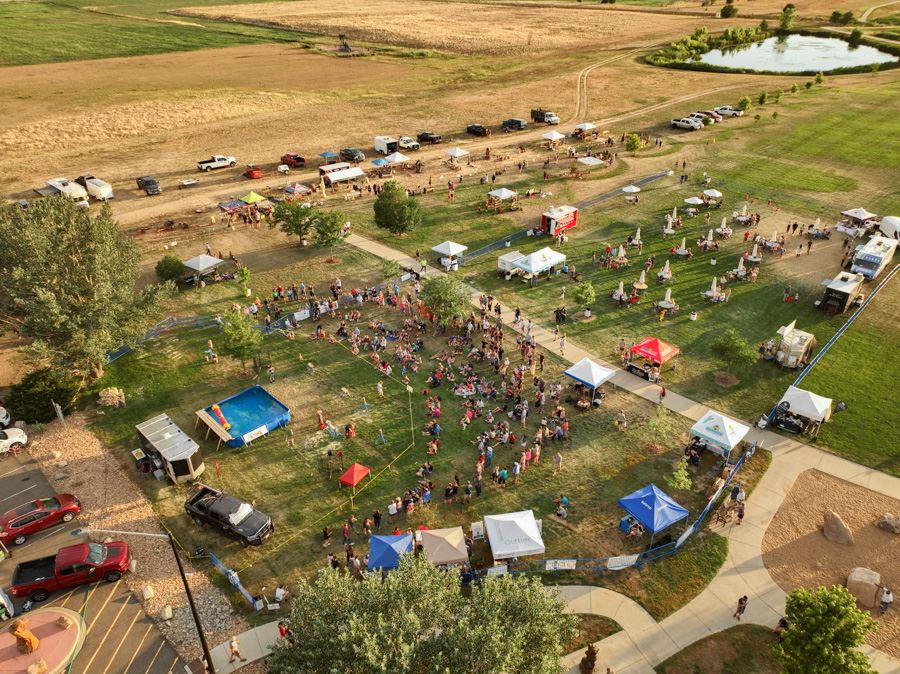 Aerial view of a crowded festival with tents and open green spaces.