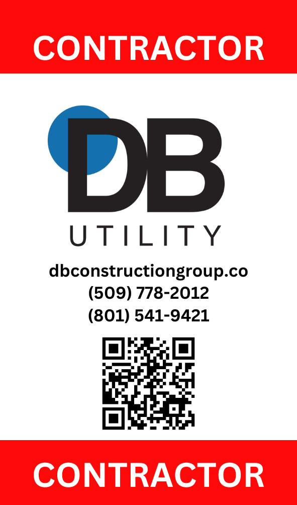 Example DB Utility contractor badge with logo, contact info, website, and QR code. 
